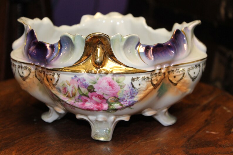 Circa 1900 German Transfer 14K Gold Footed Server Dish Porcelain