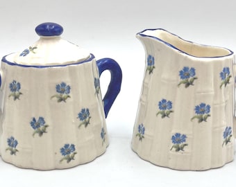 Czechoslovakia Hand Painted Cornflower and Embossed Bamboo Cream & Sugar Set c. 1910 - 1920's