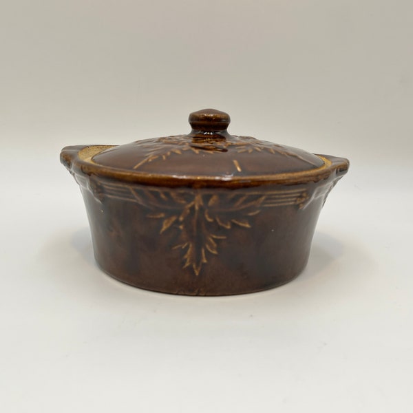 Butter Crock, Acanthus Leaf & Fruit Stoneware, Covered Bowl Crock, Primitive Brown Glazed, Morton Pottery, USA, Circa 1920's - 1930's