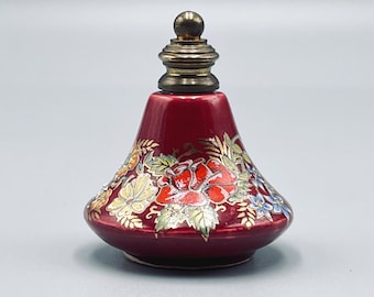 Refillable Hand Painted Ceramic Mini Perfume Bottle, Brass Stopper Top With Attached Dauber, Circa 1960s