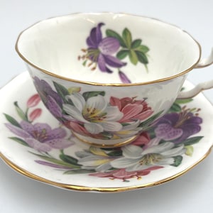 Royal Adderley Fine Bone China Teacup and Saucer Set with Purple Lily Floral Pattern Made in England c. 1950's