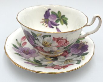 Royal Adderley Fine Bone China Teacup and Saucer Set with Purple Lily Floral Pattern Made in England c. 1950's