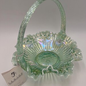 Fenton 95th Anniversary Iridescent Green Vaseline Glass Basket C