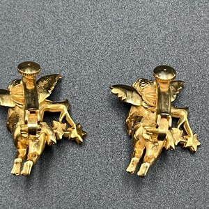 Signed Coro Gold Tone and Stars with Multiple Rhinestones on Winged Cherub Angel Clip on Earrings c. 1950 image 7