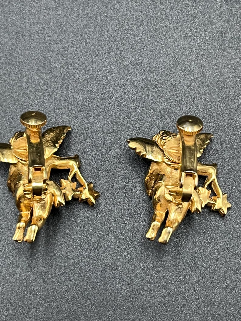 Signed Coro Gold Tone and Stars with Multiple Rhinestones on Winged Cherub Angel Clip on Earrings c. 1950 image 7