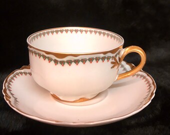 Hand Painted Haviland & Co Cup and Saucer, Schleiger 520 Pattern, 24 Karat Gold Trim, Limoges, France, C. 1895 - 1910