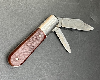 Navaja plegable Barlow de doble hoja, estilo vintage, con mango de plástico texturizado marrón: Imperial R.I USA Blade, circa 1960-80s.