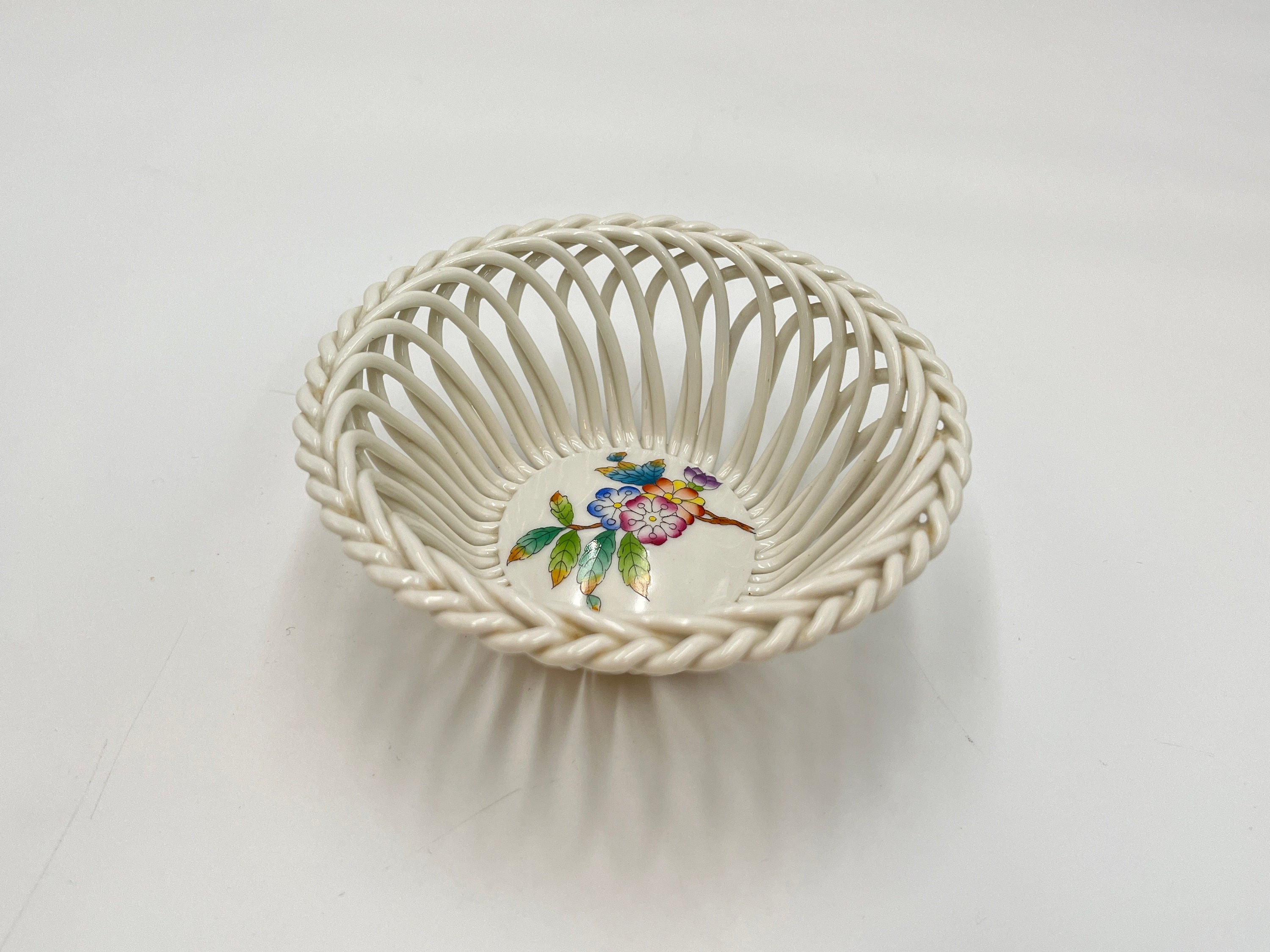 Herend Hungary Basket, Porcelain Open Weave, Hand Painted Floral