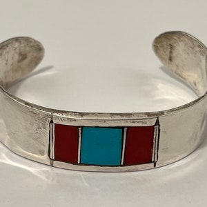 Wrist Cuff Bracelet, Navajo, Sterling Silver, Inlaid Coral and Turquoise, Signed, c. 1960s