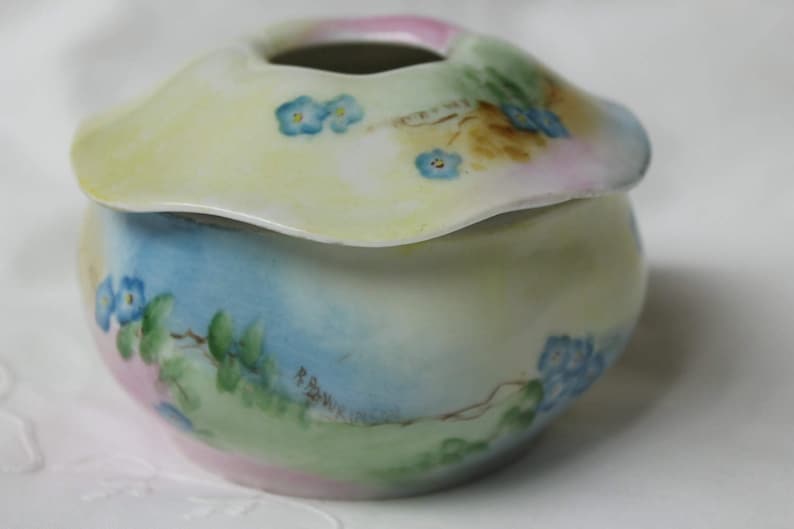 Porcelain Hair Receiver Circa 1900-1910 RS Germany Hand Painted with Muted Shades of Blue Green and Pink