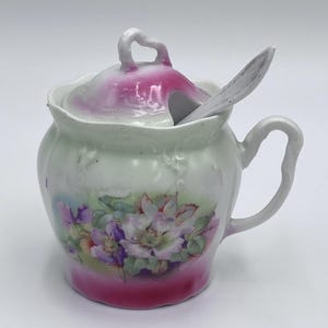 Mustard Pot/Jar with Spoon, Germany, Purple/Pink Flowers, Transfer Wear, c. 1900 - 1910