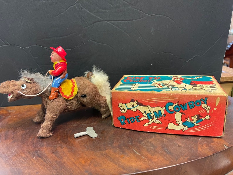 Working Wind Up Tin Litho Cowboy on Horse With Mohair &amp; Rabbit Etsy