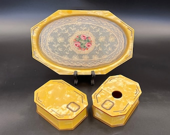 Art Deco Vanity 3 Piece Set, Butterscotch Celluloid Lucite and Lace Tray, 2 Dresser Dishes, c. 1920 - 1930