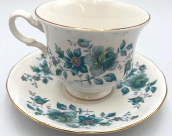 Queen Anne Fine Bone China Teacup & Saucer Blue Roses Pattern Made in England c. 1960's