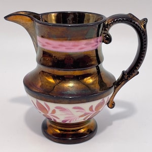 4” Pedestal Creamer, Copper Luster, Hand Painted Floral Pattern on White Band, England, circa 1860