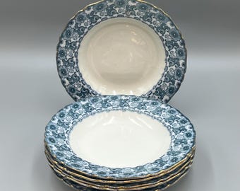 Set of 6 Burleigh Bisto Blue and White Floral, Gold Scalloped Rim Pasta/Salad Wide Rim Bowls, Bishop & Stonier, c. 1910