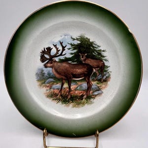 Buffalo Pottery, Reindeer/Caribou Plate, Green/Gold Border, Made In Buffalo, NY, Circa 1900s-1910s