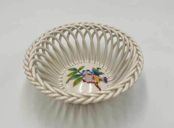 Herend Hungary Basket, Porcelain Open Weave, Hand Painted Floral