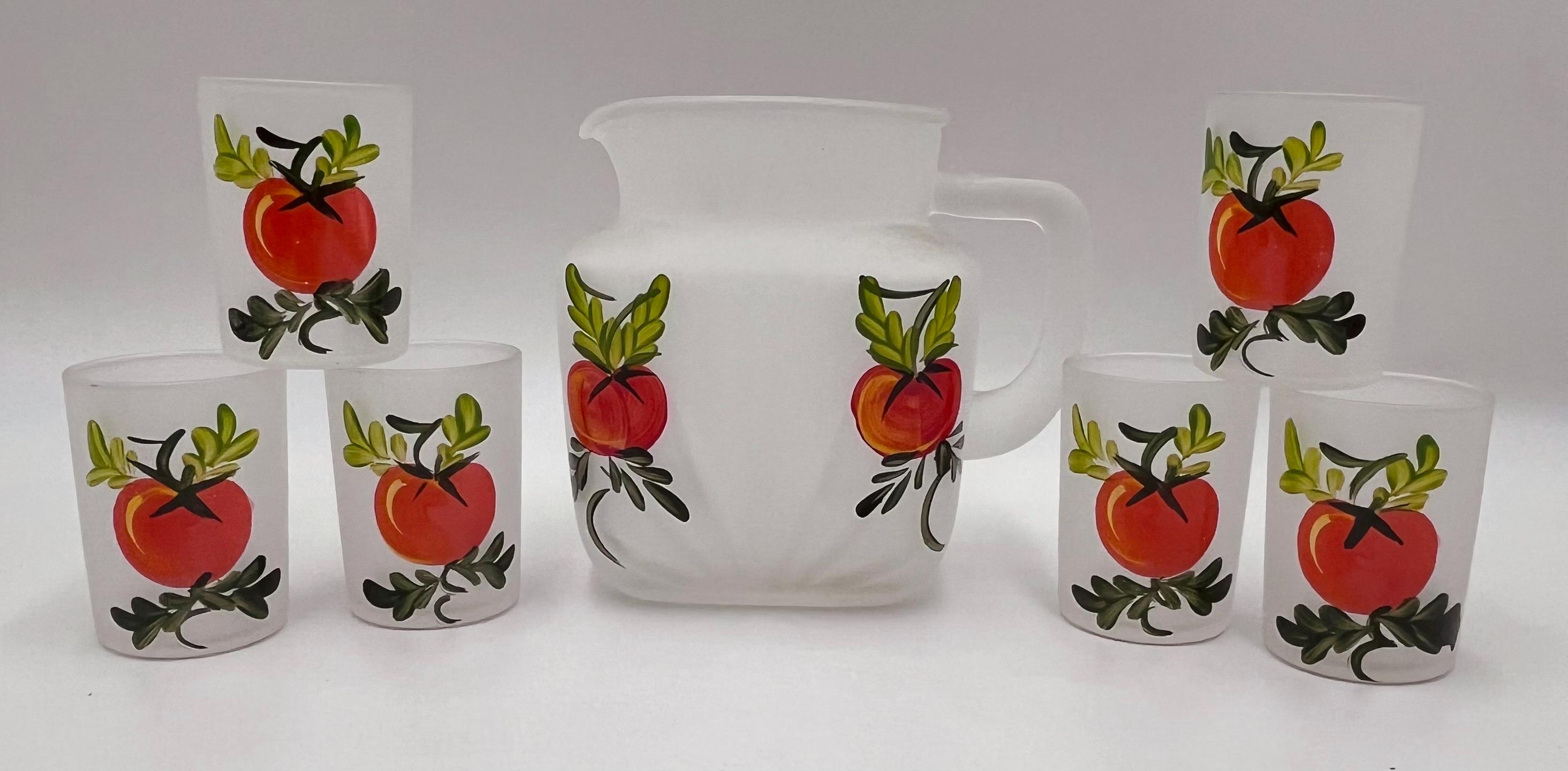 Hand Painted Oranges on Federal Star Pattern Glass Pitcher and Six Juice Glasses c. 1950's