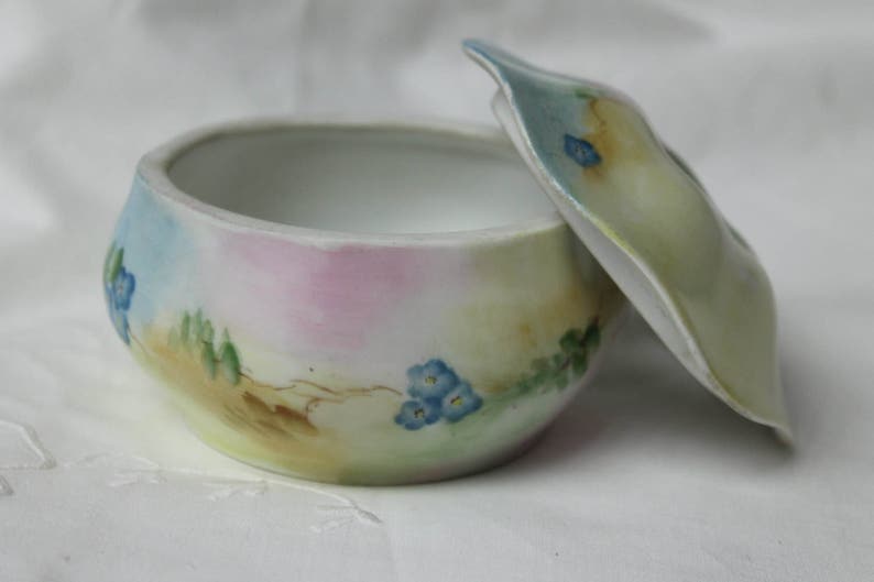 Porcelain Hair Receiver Circa 1900-1910 RS Germany Hand Painted with Muted Shades of Blue Green and Pink