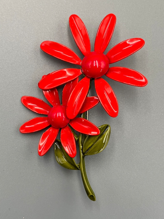 Brooch, Enamel, Red Flowers, Flower Power, c. 1970
