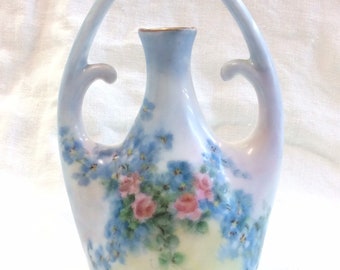 Bavarian Porcelain Bud Vase, Hand Painted, Hanging Vase, Flowers & Pastel Colors, Arched Handle Over Top, C.1900