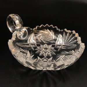 ABP Nappy Dish, Cut Glass, Saw Tooth Edge, Handle, Clear, Textured, C. 1910