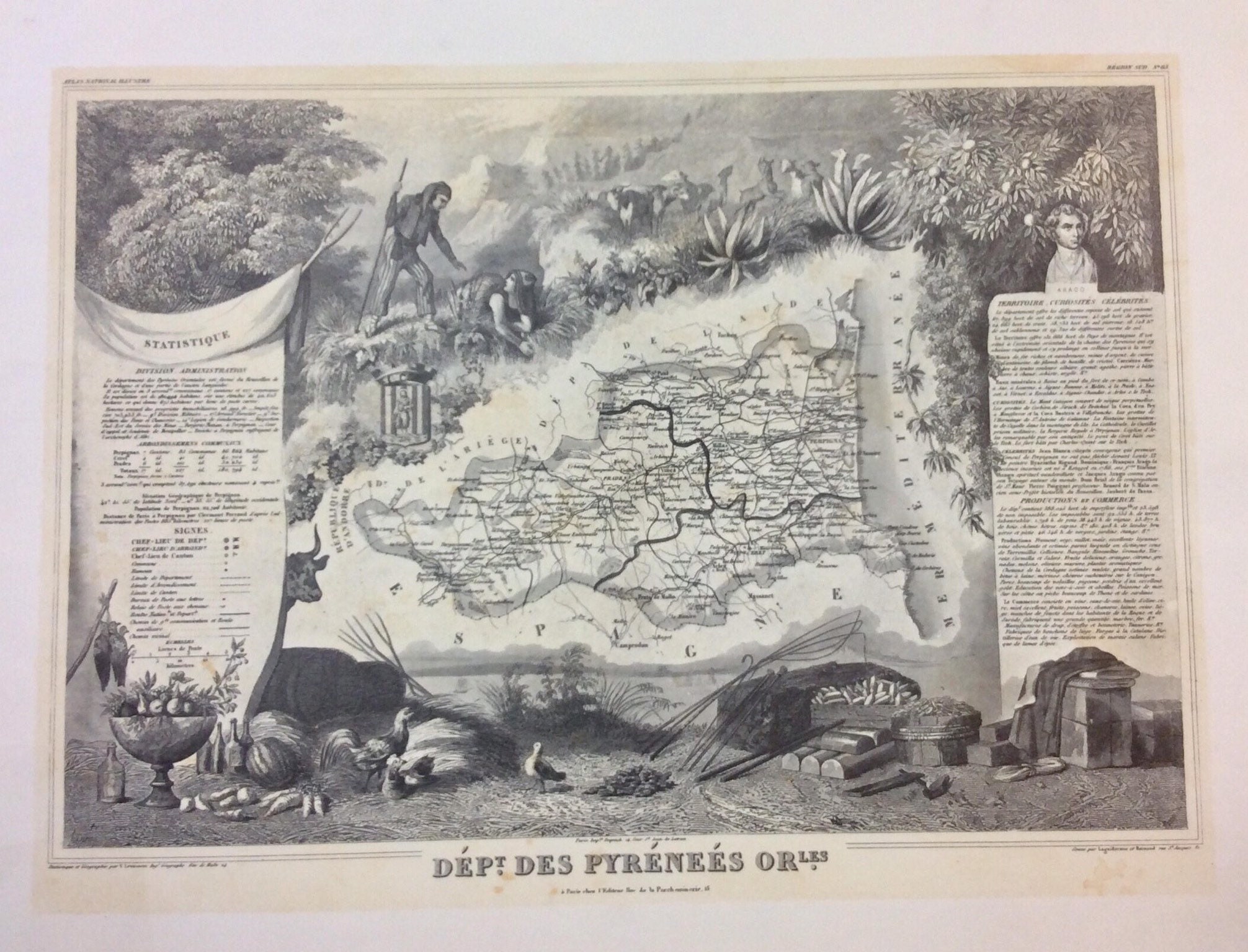 Map of Dept. Des Pyrenees Orientales, France c. 1852 Authentic Lithograph Reproduction From The Original