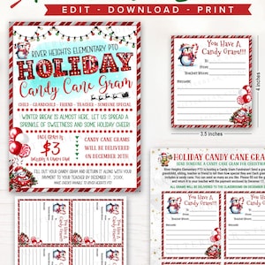 May include: A Candy Cane Gram Fundraiser bundle featuring printable templates with red and green holiday graphics, including a flyer, a 4 inches by 3.5 inches note card, and sheets of smaller tags, all decorated with penguins, candy canes, and text.