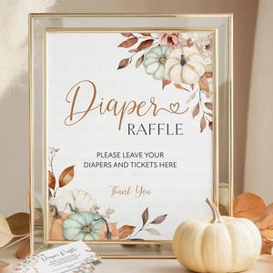 Fall Pumpkin Diaper Raffle Sign & Ticket Cards: Baby Shower Activity Game Gender Neutral Printable
