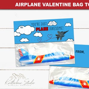 Airplane Kids Valentines Bag Topper Cards: Classroom Treat Glider Plane, Instant Download, KB29S