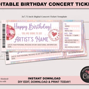 Personalized Happy Birthday Concert Ticket - Editable Template - Gift Voucher Certificate Artist Music Show Teen Surprise Printable Digital