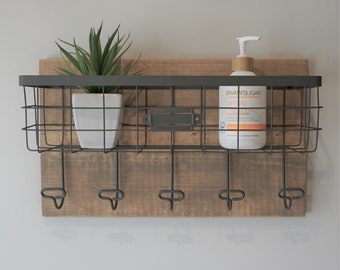 Simply Rustic Bathroom Shelf with Storage Basket and 5 Towel Hooks
