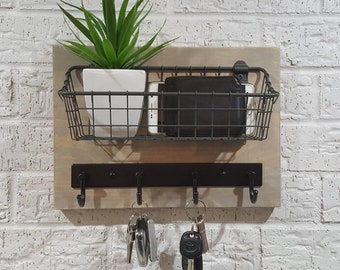 Simply Rustic Mail Organizer Shelf with Basket and Key Hooks
