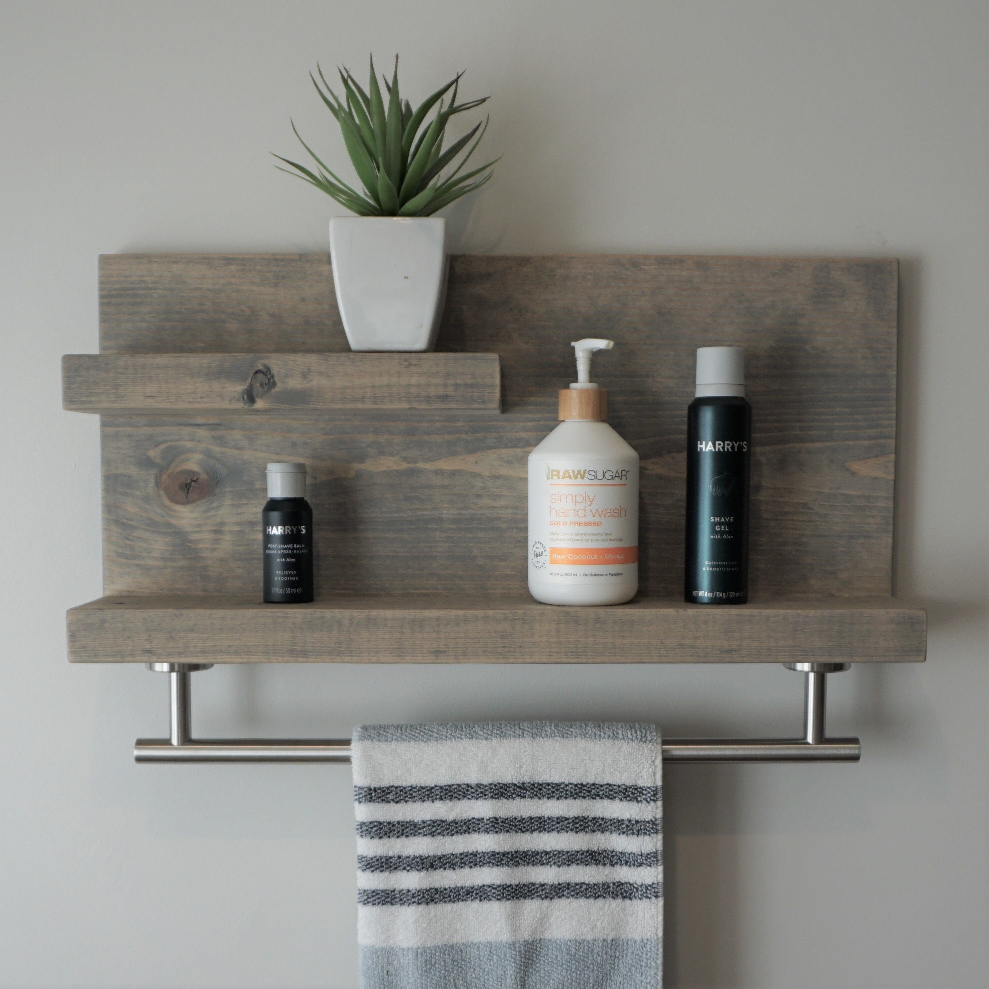 Modern Rustic 2 Tier Bathroom Shelf With 18 Brushed Nickel Towel Bar 