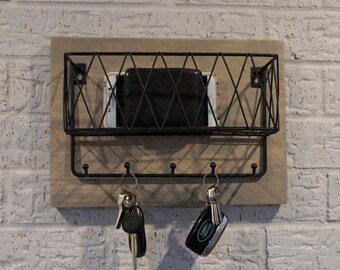 Simply Rustic Mail Organizer Shelf with Basket and Key Hooks
