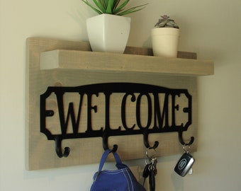 Rustic Entryway Coat Rack Shelf with Matte Black WELCOME and 4 Hooks