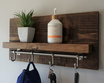 Modern Rustic Entryway Coat Rack Shelf with Satin Nickel Rail Hooks