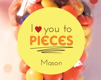 Valentine Stickers I Love You to Pieces Kids Valentine Labels Classroom Party Favors Valentine Card Labels Candy Favor Stickers Tags