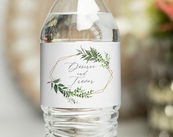 Wedding Water Bottle Label - Greenery Eucalyptus Botanical Wreath, Printed Beverage Sticker, Waterproof Label for Reception and Ceremony