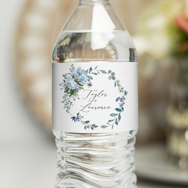 Wedding Water Bottle Label - Blue Floral Botanical Wreath, Printed Beverage Sticker, Waterproof Label for Reception and Ceremony, Minimalist