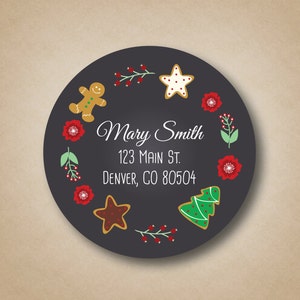 Vakantie retouradres Label Christmas Cookies schoolbord Stickers rustieke ronde groenblijvende etiketten takje adres Stickers Gingerbread Man Star