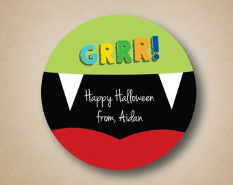 Halloween Labels Custom Vampire Teeth Favor Stickers Round Halloween Party Labels Halloween Treat Labels Happy Halloween Favor Tags Green