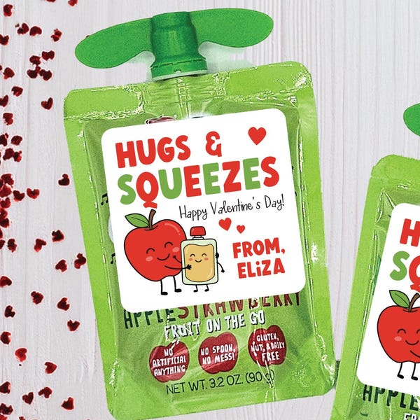 Classroom Valentine Sticker - Hugs and Squeezes Valentine Sticker, Applesauce Pouch Labels for Kid's Awesomesauce, Daycare Preschool Party