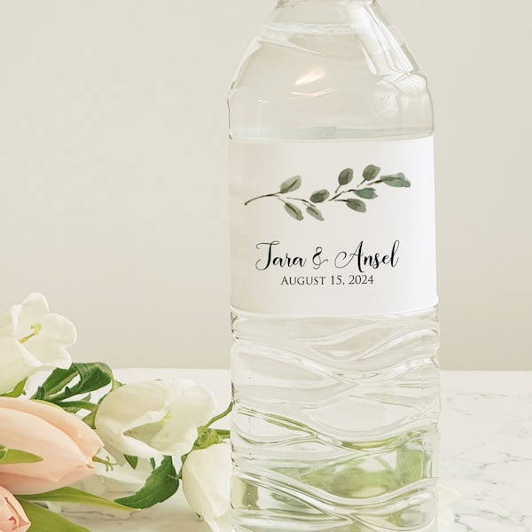 Water Bottle Label - Wedding Water Bottle Label, Personalized Waterproof Label, Eucalyptus Branch Greenery Botanical, Wedding Welcome Bag
