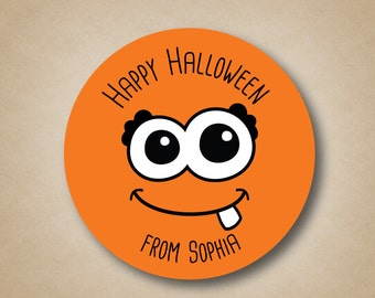 Halloween Stickers - Cute Orange Monster Stickers, Kids Halloween Labels, Candy Bag Label, Happy Halloween Sticker, Halloween Party Favors