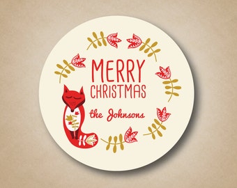 Christmas Stickers -  Scandinavian Fox, Gold Christmas Stickers, Holiday Christmas Gift Label, Red and Gold Stickers, Christmas Gift Sticker