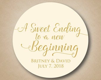 A Sweet Ending to a New Beginning Wedding Favor Stickers Custom Thank You Favor Labels Round Favor Tags Gold Ivory Welcome Bag Stickers