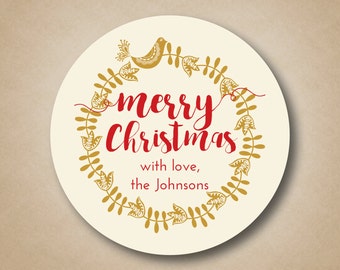 Christmas Gift Tags Gold Christmas Stickers Scandinavian Wreath Holiday Tags Christmas Labels Custom Holiday Stickers Wreath Bird Sticker