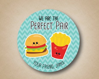 Kids Valentine Card Stickers Perfect Pair Stickers Burger and Fries Personalized Valentine Stickers Classroom Party Favor Label Treat Bag